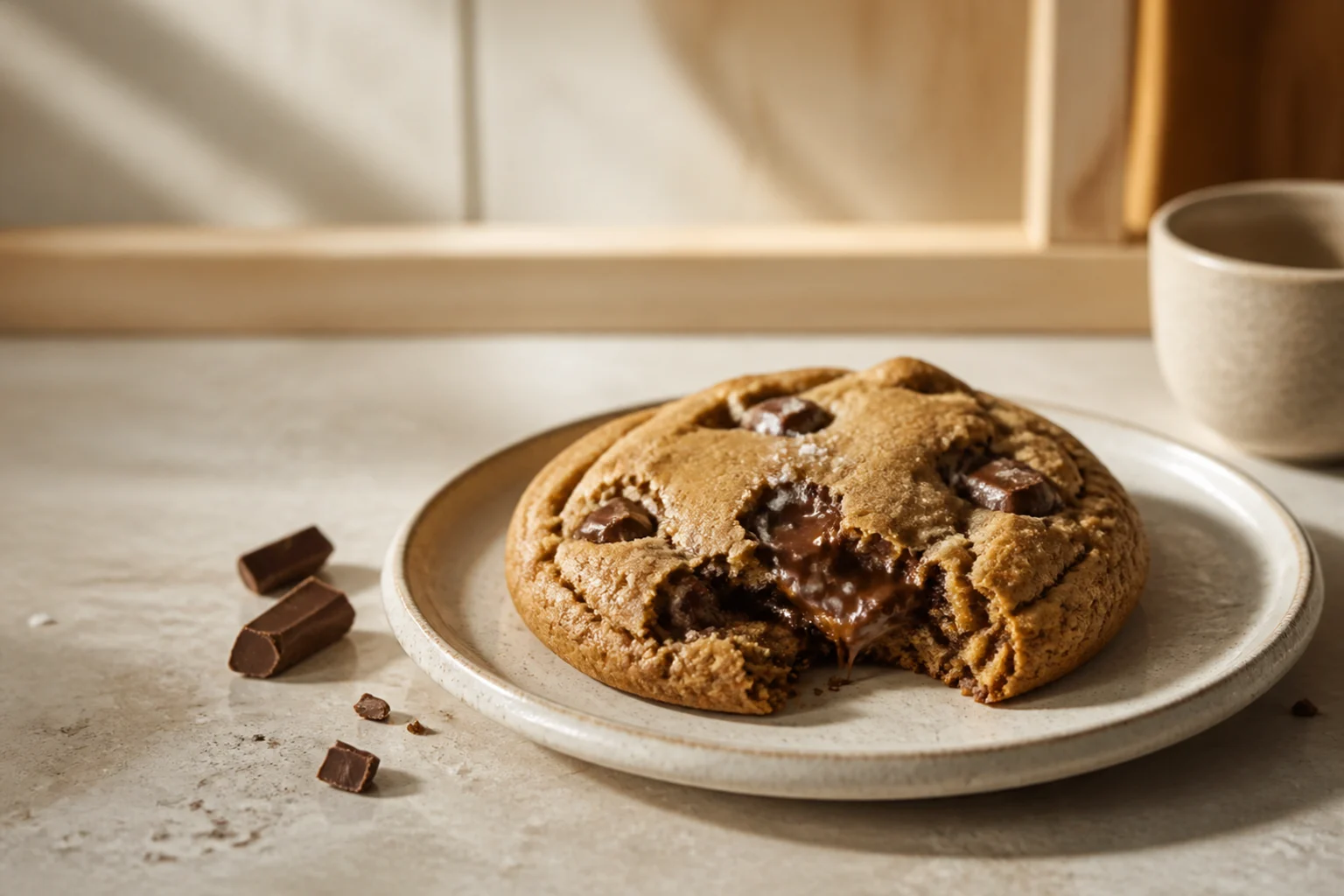 En stor, tyk amerikansk cookie brækket over, så den bløde chokoladekerne ses, på en tallerken