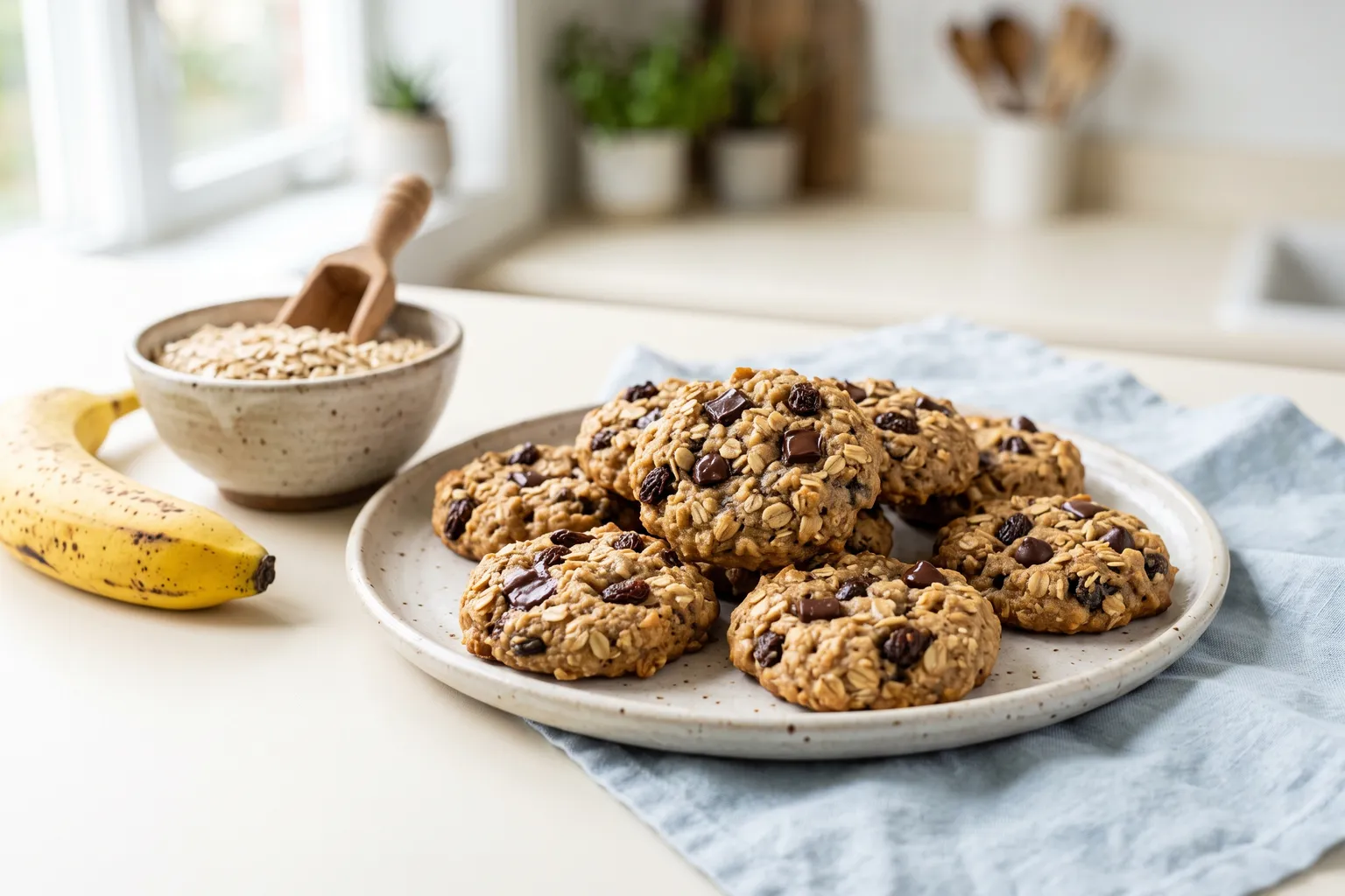 Bløde banan cookies med havregryn, chokoladestykker og rosiner på en tallerken, en moden banan og en skål havregryn ved siden af