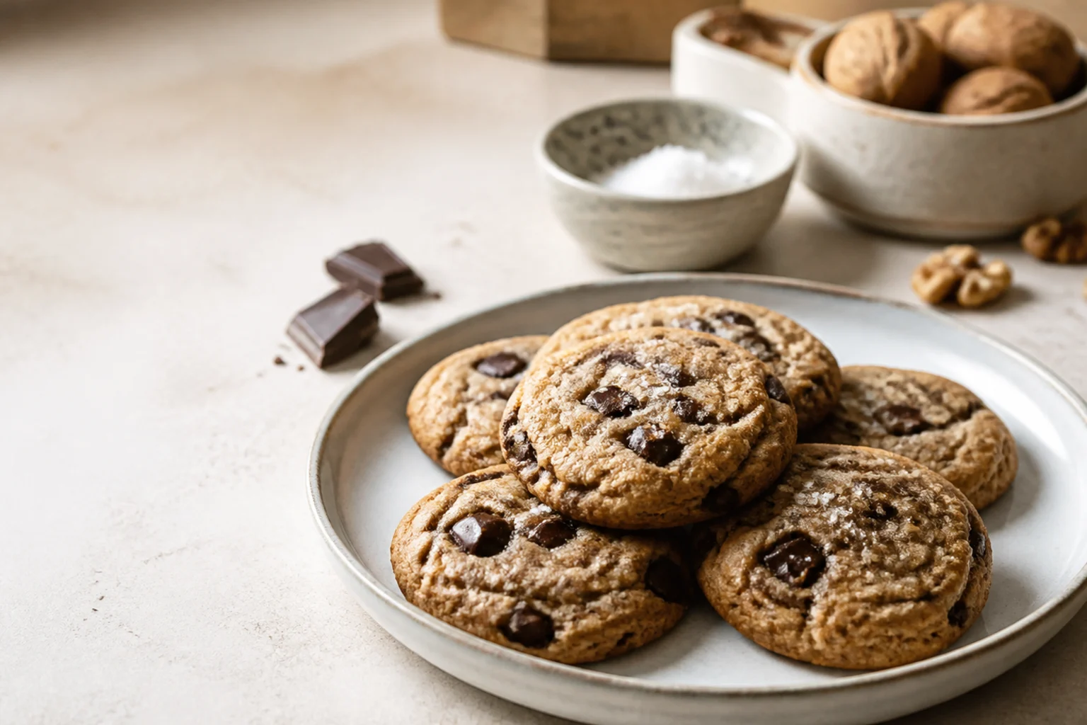 Cookies med brunet smør, mørke chokoladestykker og flagsalt på en tallerken med valnødder i baggrunden