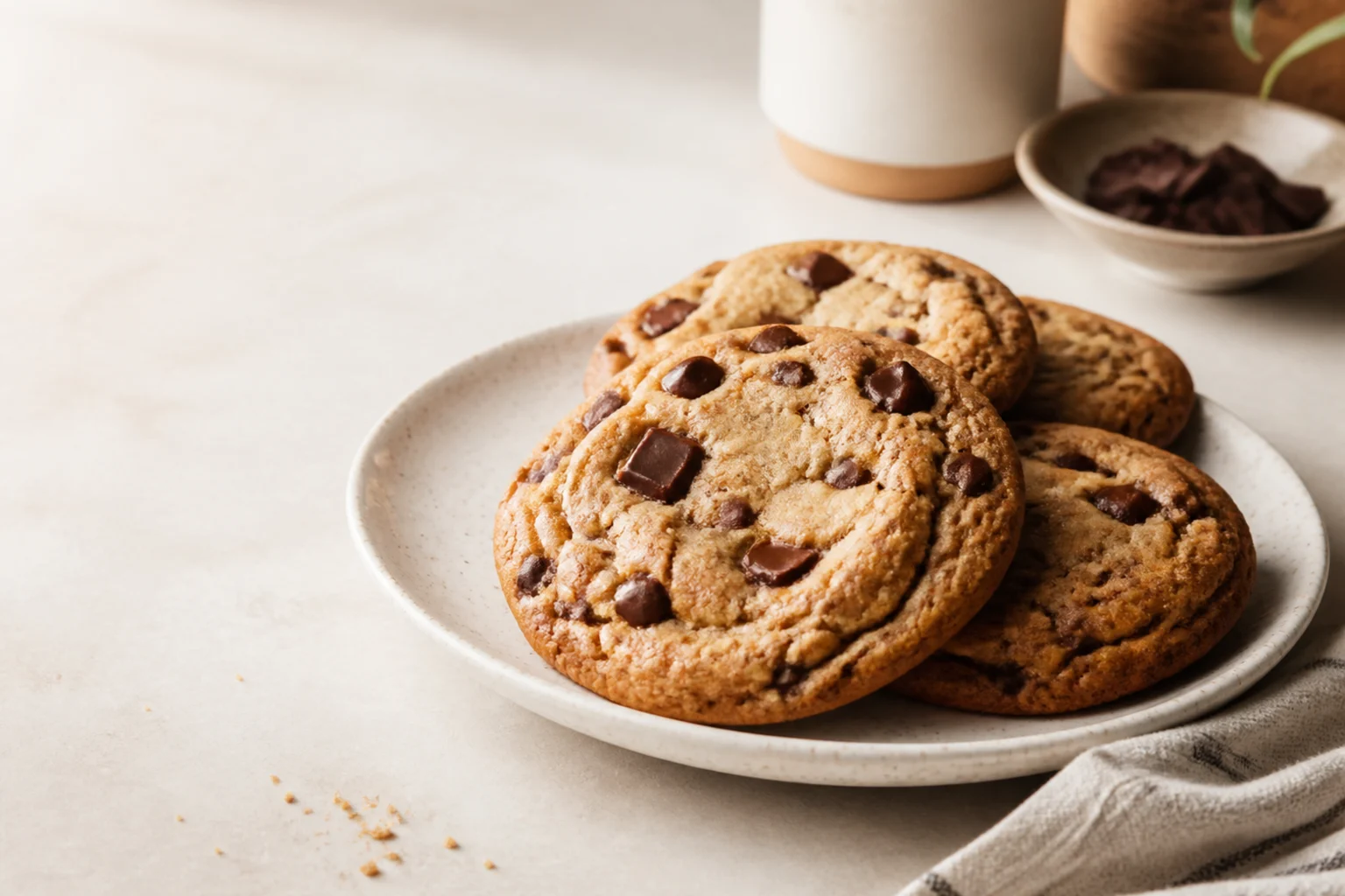 Store chocolate chip cookies med gyldne kanter og stykker af mørk chokolade stablet på en tallerken