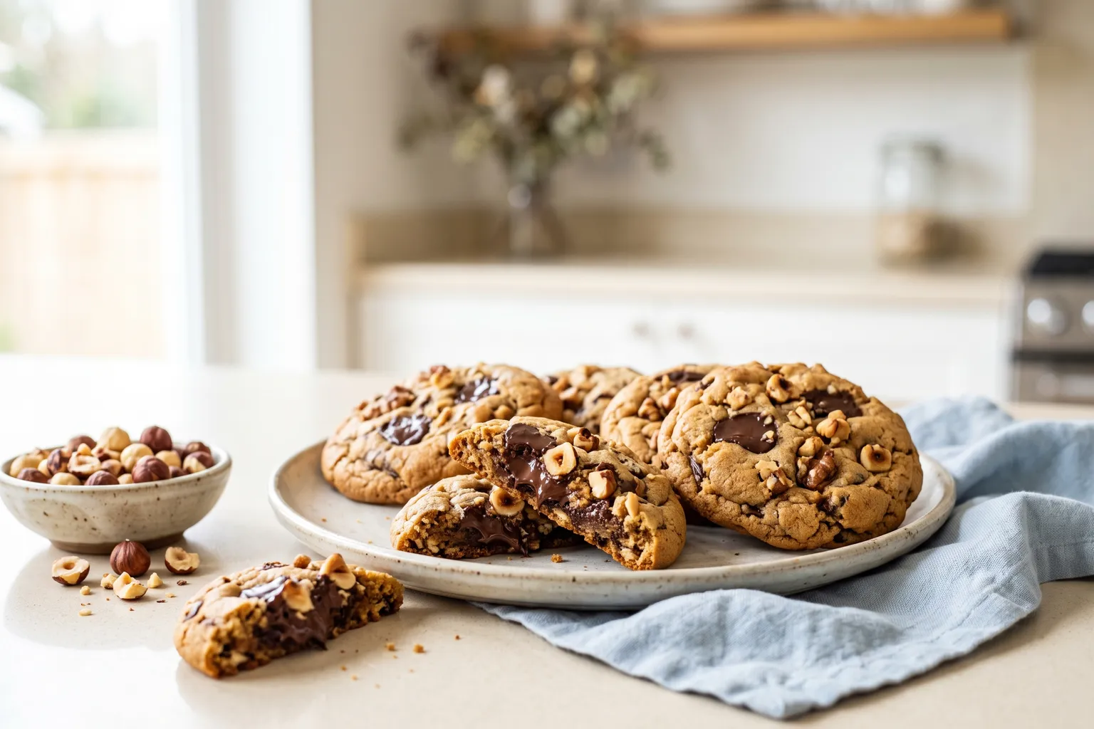 Store cookies med smeltet mørk chokolade og ristede hasselnødder på en tallerken, én brækket over, en skål hasselnødder ved siden af