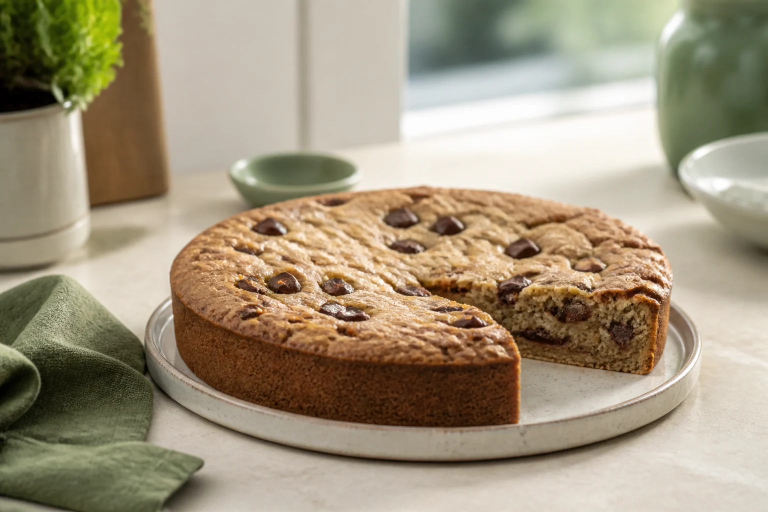 Rund cookie kage med chokoladestykker, hvor et stykke er skåret ud, på et kagefad