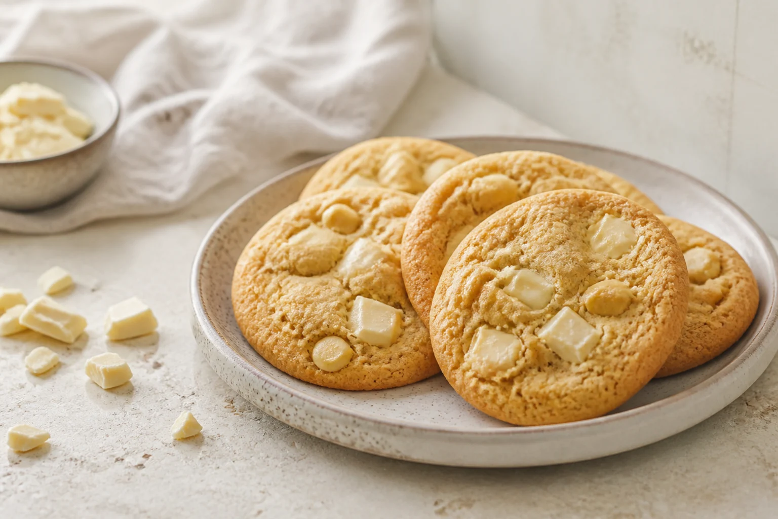 Gyldne cookies med store stykker hvid chokolade på en tallerken ved siden af en skål med hvid chokolade