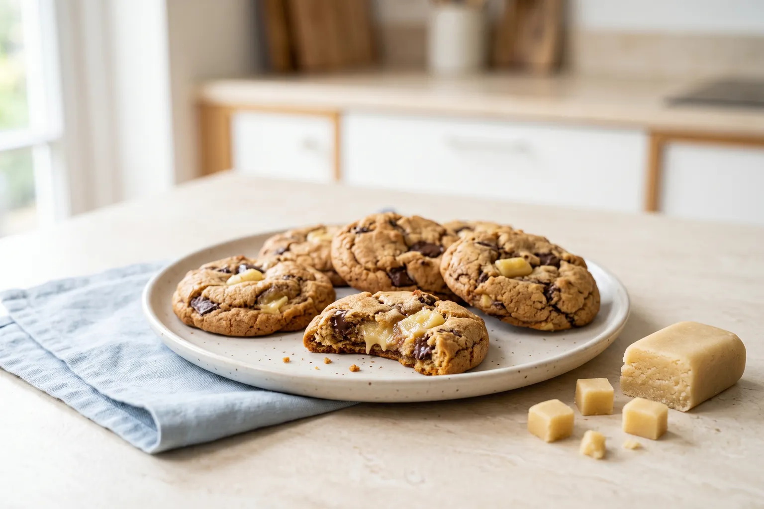 Gyldne cookies med bløde stykker marcipan og mørk chokolade, én brækket over, en blok marcipan med tern ved siden af