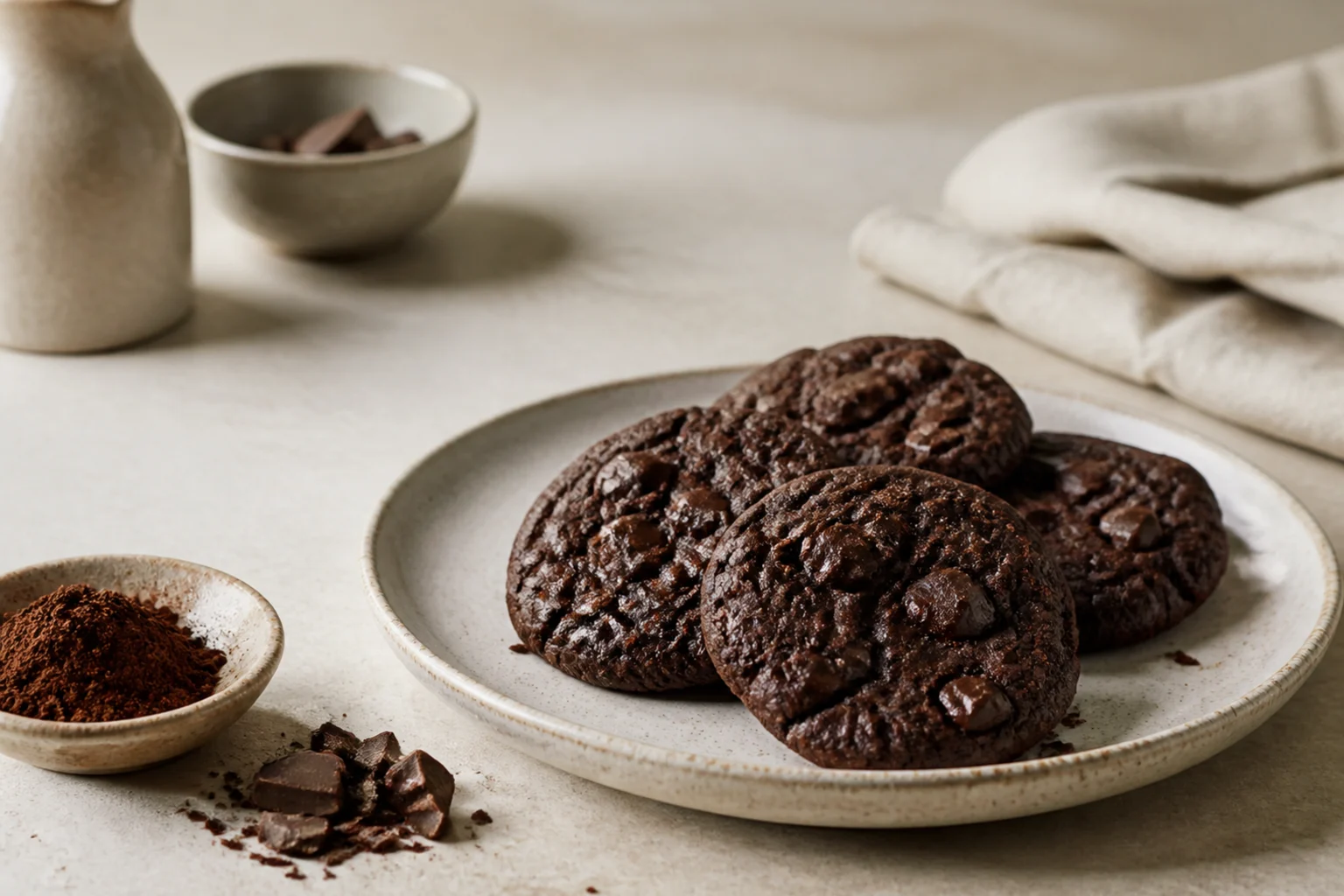 Mørke double chocolate cookies med blanke chokoladestykker på en tallerken ved siden af en skål kakao