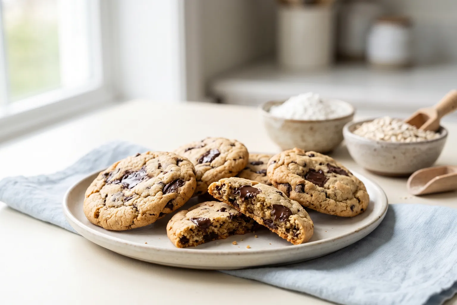 Glutenfri cookies med stykker af mørk chokolade på en tallerken, én brækket over, skåle med glutenfri melblanding i baggrunden