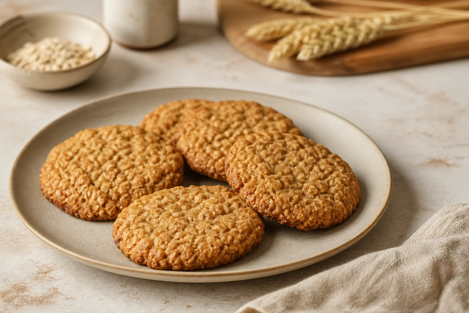 Flade, gyldne havregrynscookies med synlige gryn på en tallerken