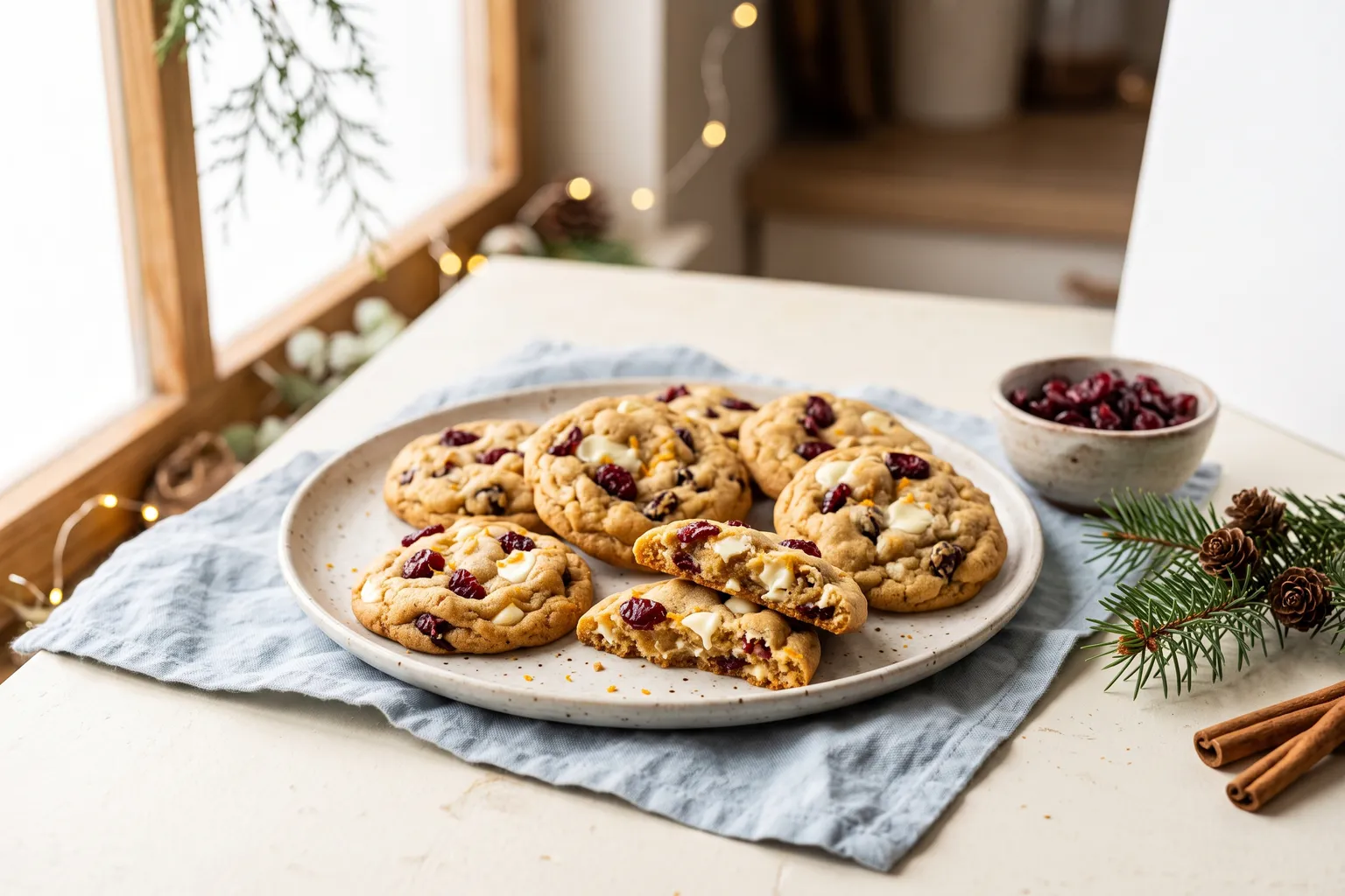 Gyldne julecookies med røde tranebær og hvid chokolade på en tallerken, en skål tranebær, grangren og kanelstænger ved siden af