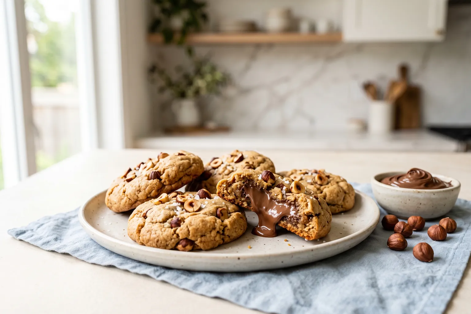 Tykke cookies med hasselnødder på toppen, én brækket over så flydende hasselnøddecreme løber ud, en skål hasselnøddecreme og hele hasselnødder ved siden af