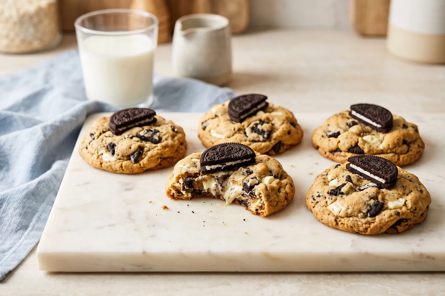 Cookies med hvid chokolade og knuste kakaokiks, hver med en hel kiks på toppen, på et marmorbræt med et glas mælk