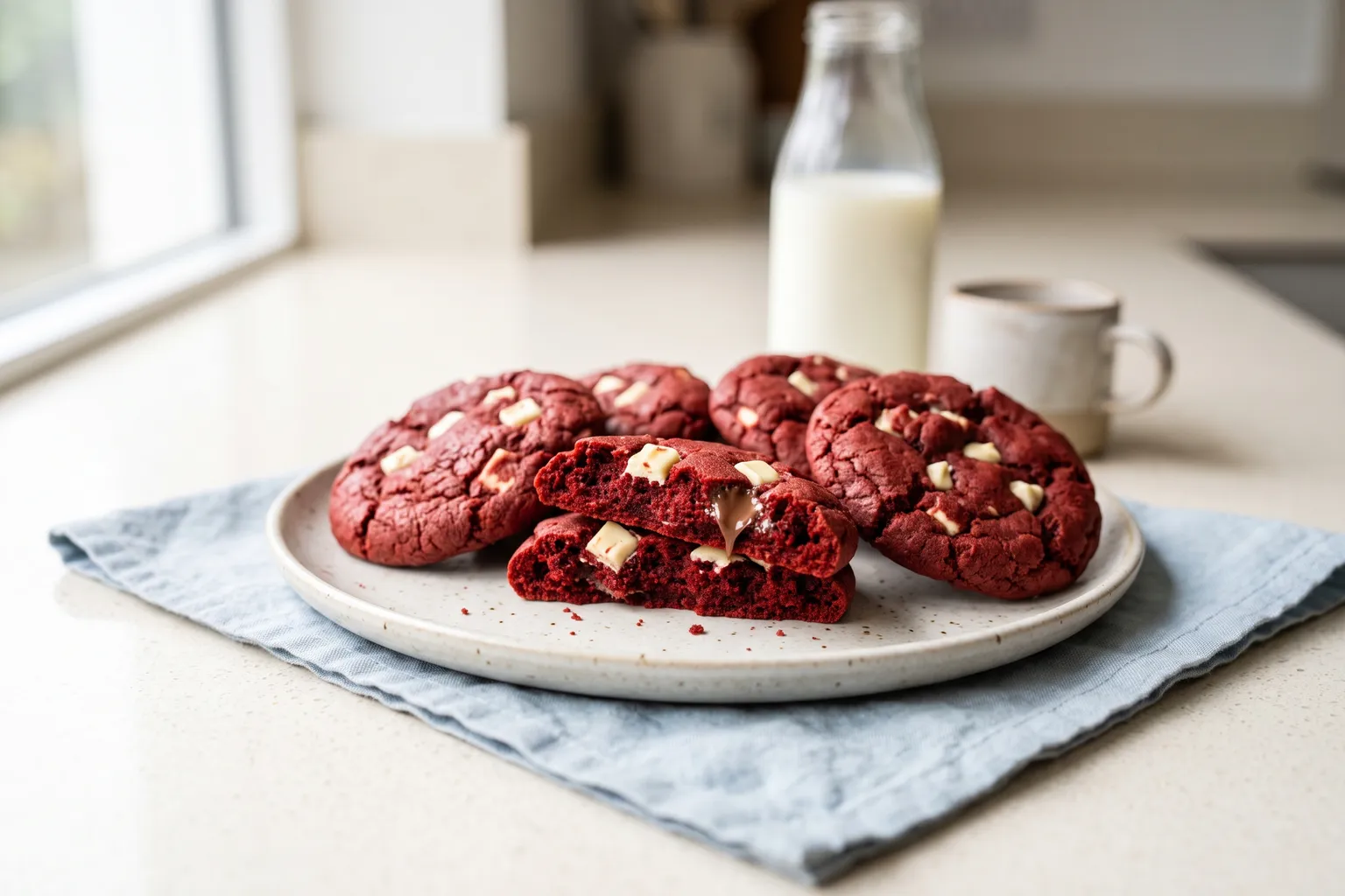 Dybrøde red velvet cookies med revnet top og stykker af hvid chokolade, én brækket over så den bløde røde krumme ses