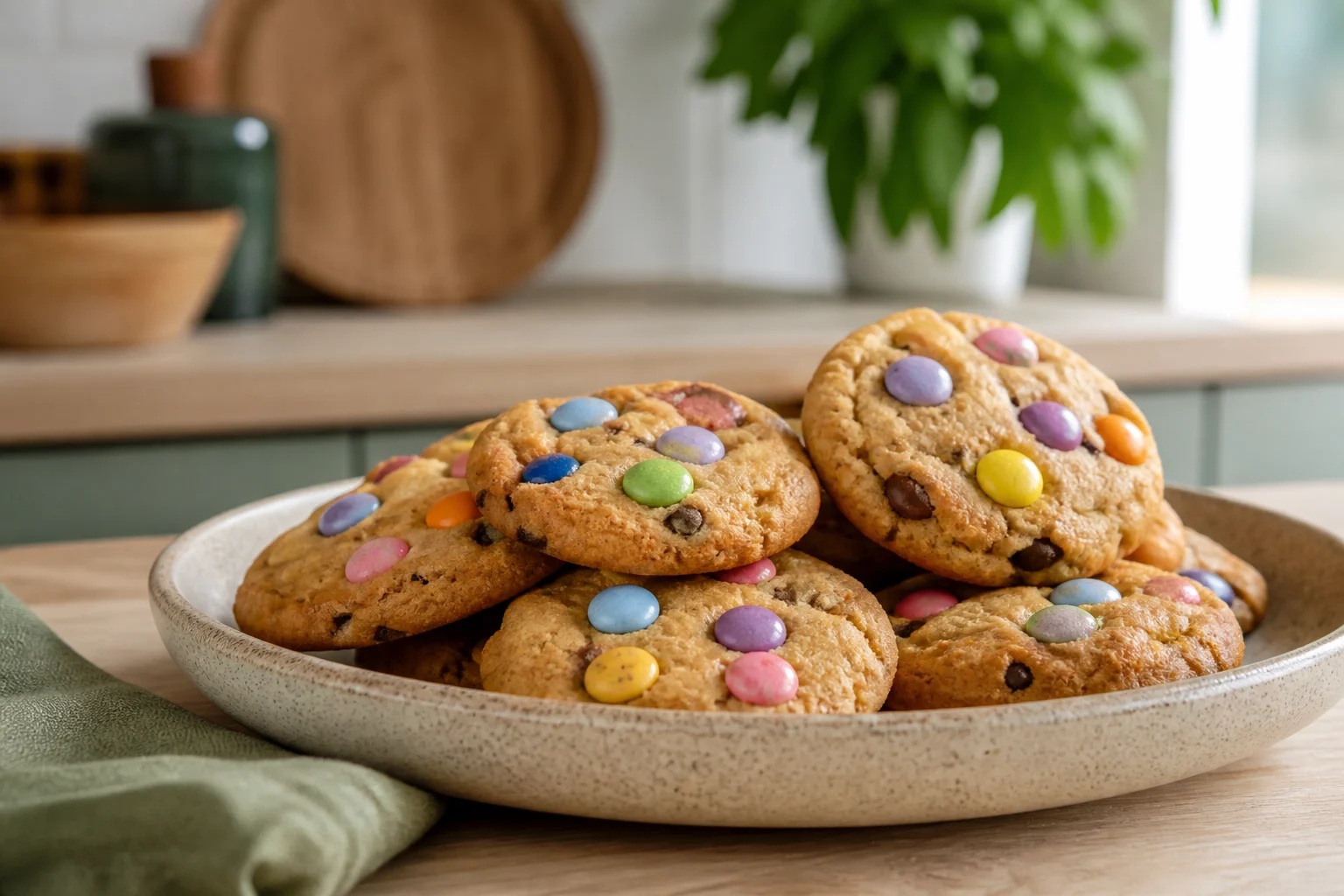 Cookies med farverige chokoladeknapper i toppen på en tallerken