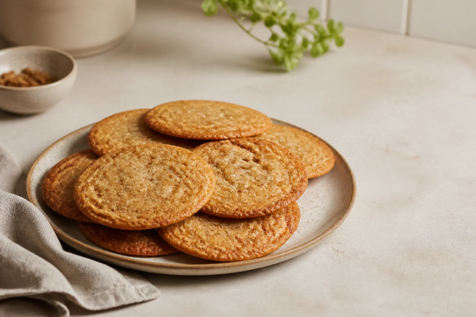 Tynde, gyldne sprøde cookies stablet på en tallerken