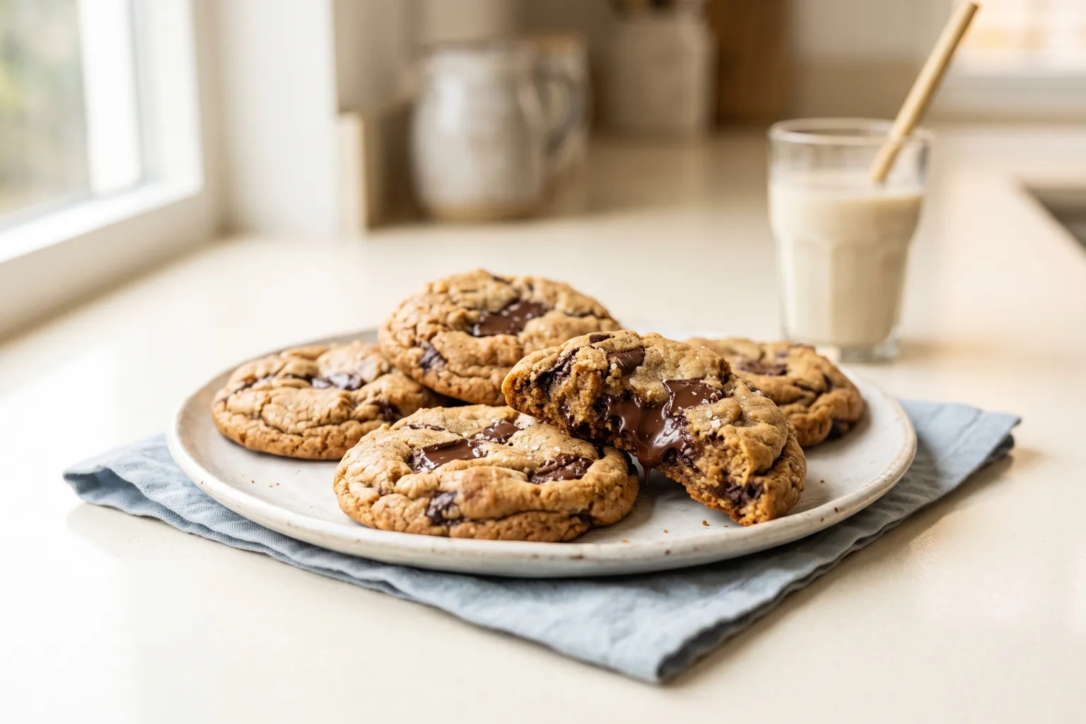Brune, bløde veganske cookies på en tallerken med et glas plantedrik i baggrunden